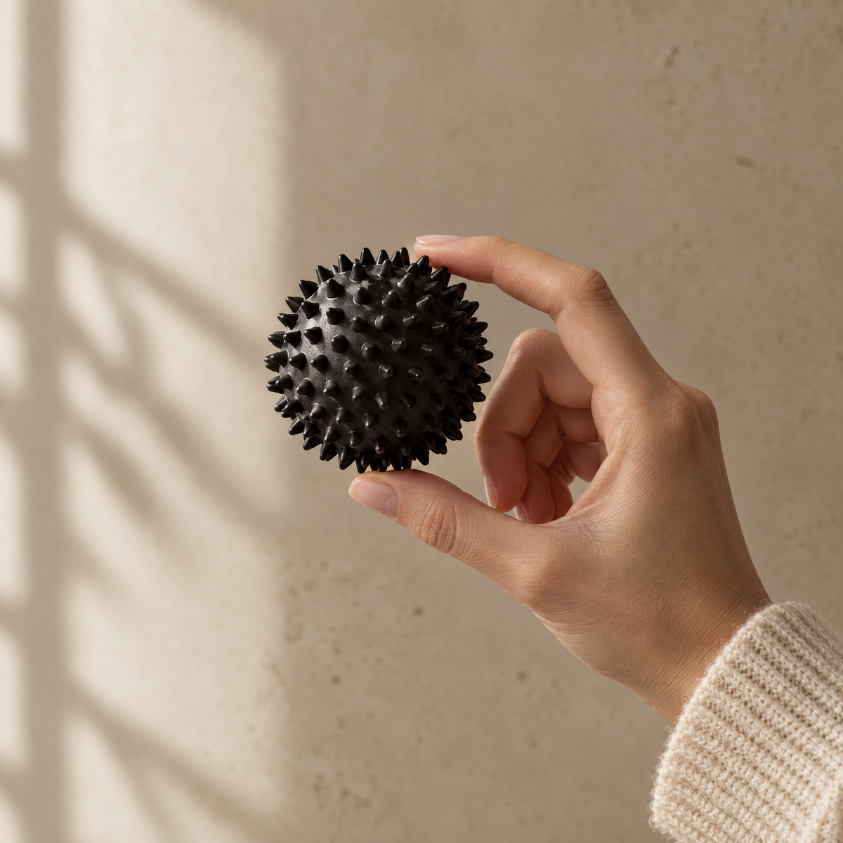 Czarna kolczasta kulka do masażu JINI trzymana w palcach dla pokazania rozmiaru