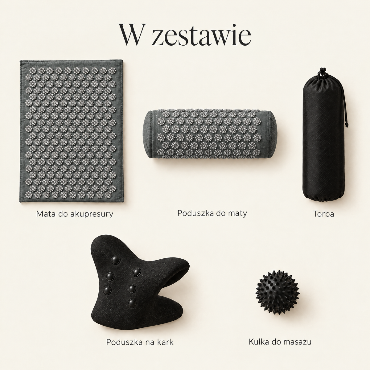 Co jest w zestawie Wieczorny rytuał JINI: szara mata do akupresury, szara poduszka do maty, torba, czarna poduszka na kark i czarna kulka do masażu